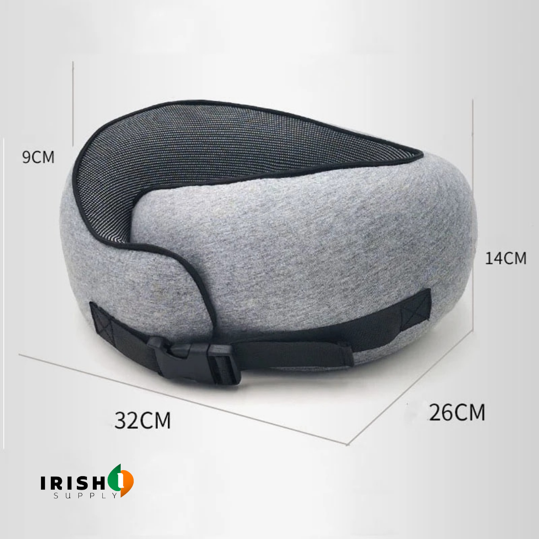 Gray front-support travel neck pillow with teal lining and black clasp, shown with dimensions.