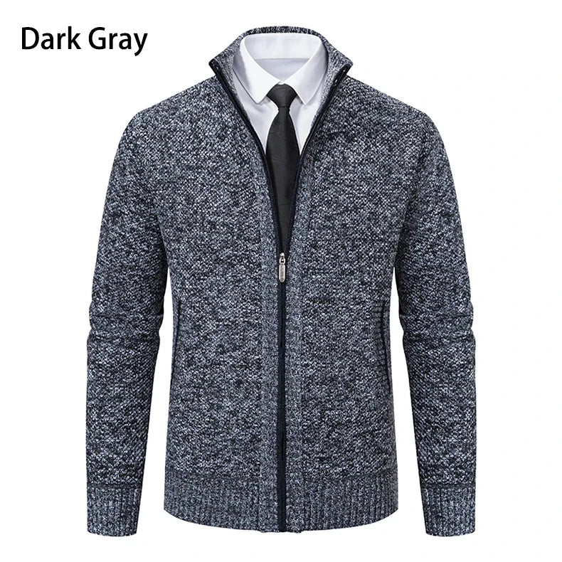 Dark gray marled zip cardigan in straight front view, worn with a white shirt and tie 10
