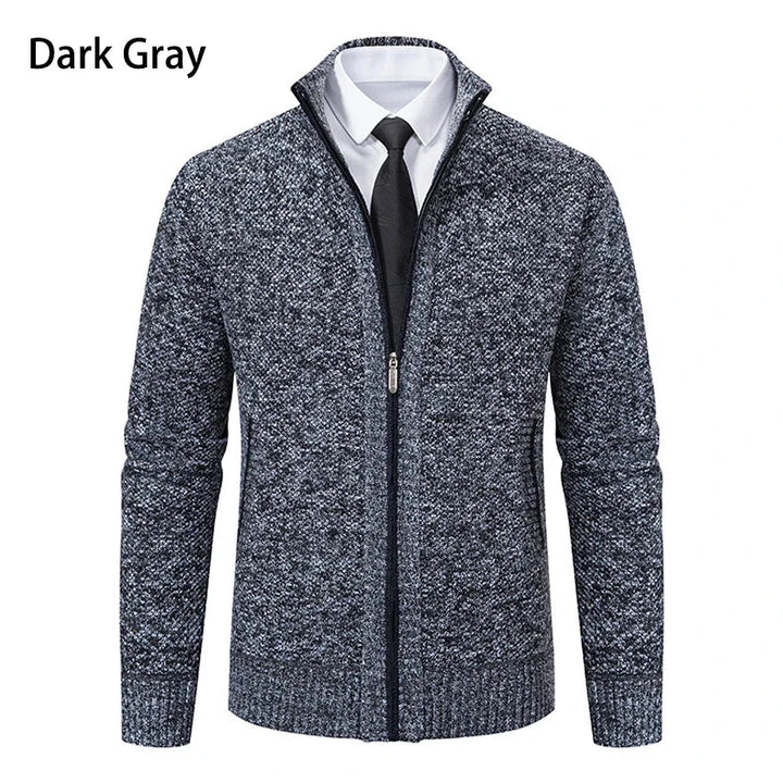 Dark gray marled zip cardigan in straight front view, worn with a white shirt and tie 10