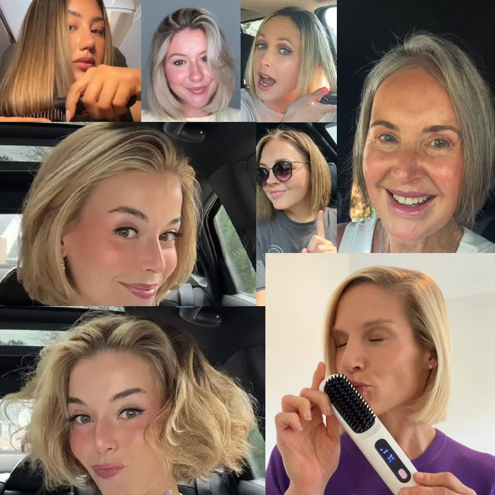 Collage of customers with short bob haircuts smiling after styling, one woman holding a white brush to her lips.