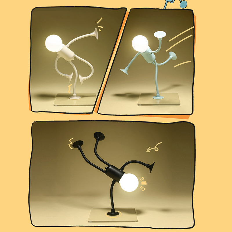 Blue bendable figure lamp with a glowing bulb head on a clear base, shown in three playful poses.