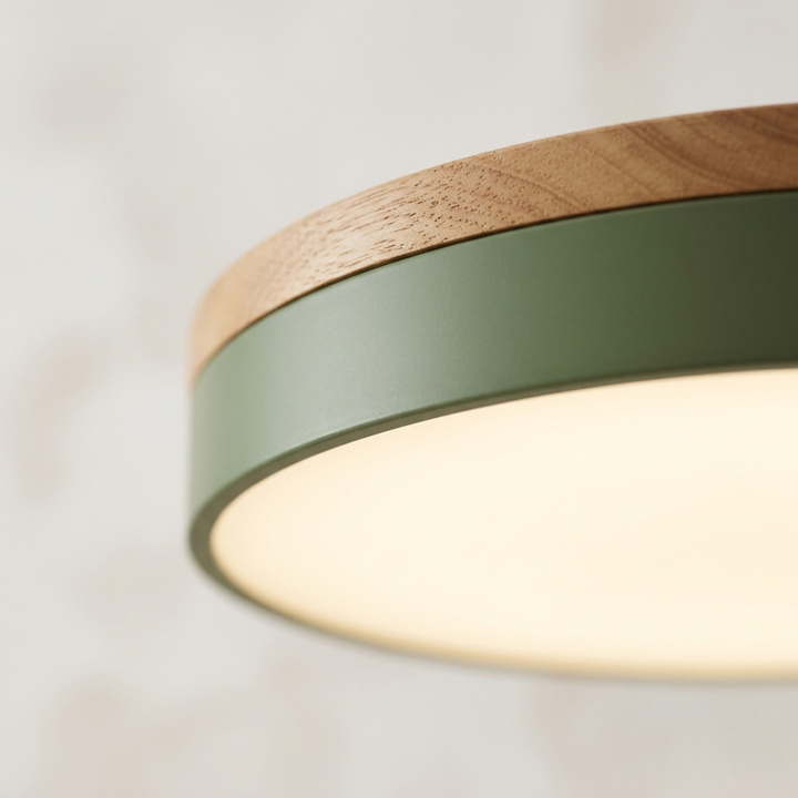 Close-up of the green side band and wood-grain trim edge of the disc light, with the warm glowing diffuser below. 6