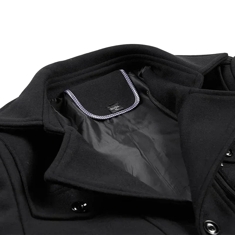 Close-up of the black coat collar and neck area, showing the inner lining and snap buttons 10