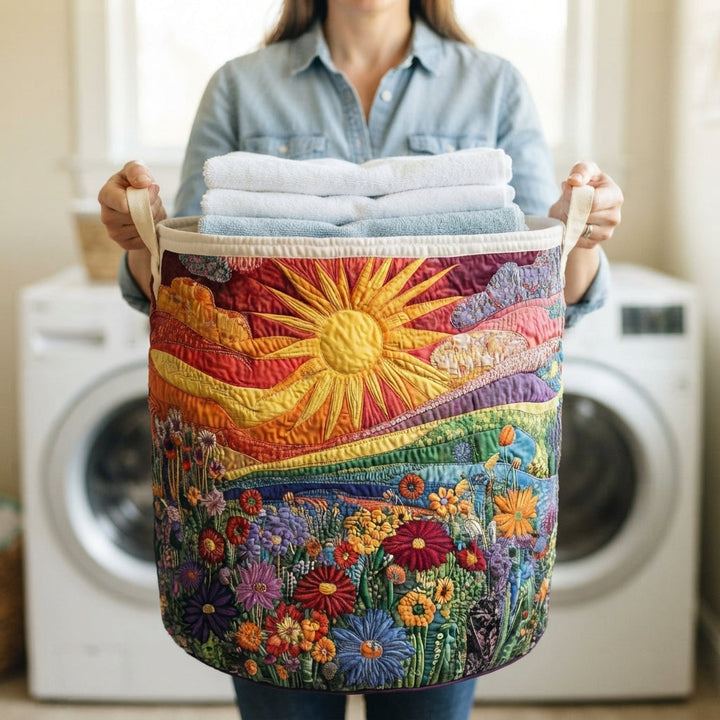 Padded fabric laundry basket with handles, another view showing a woman holding it filled with folded towels.