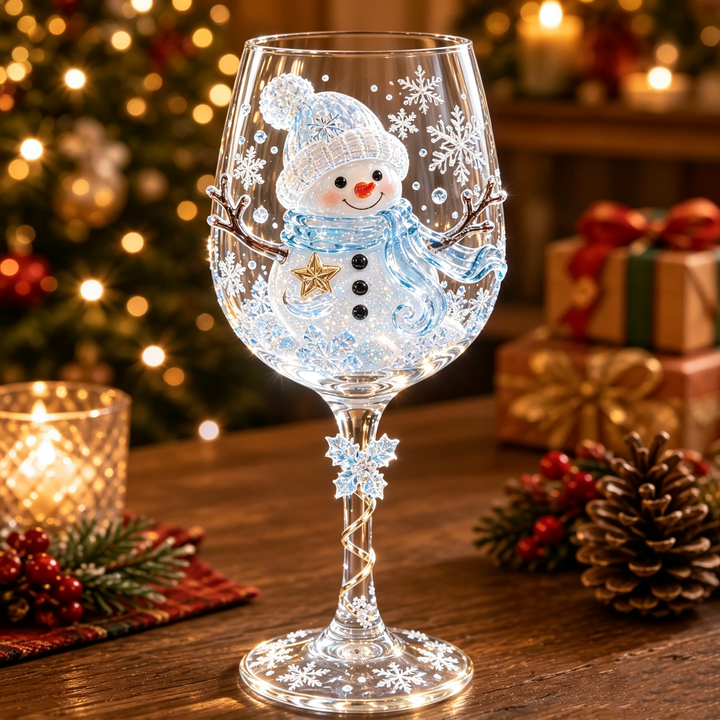 Wine glass with a sparkling 3D snowman in a knit hat and blue scarf, with an icy snowflake charm on the stem. 2