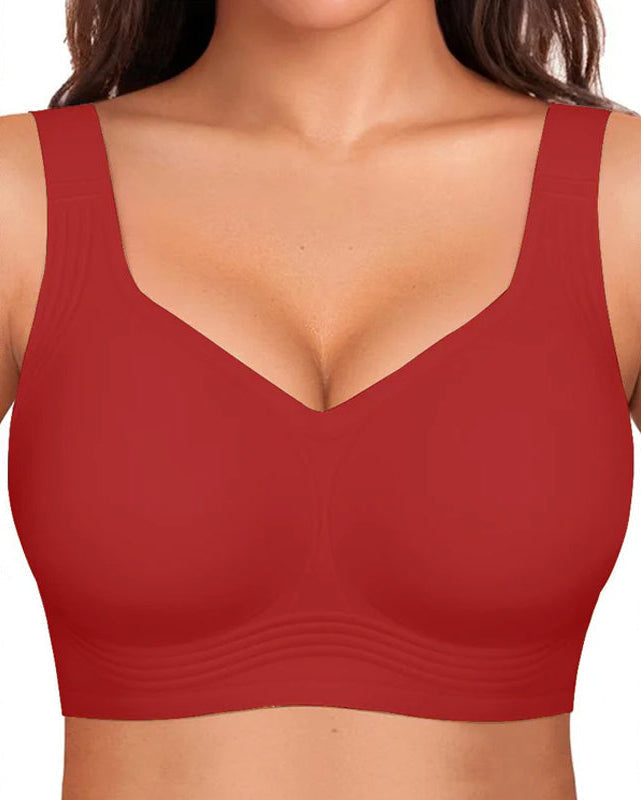 Front close-up of the bra in solid red with wide straps and a deep V neckline. 14