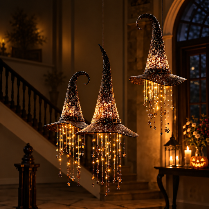 Three glowing perforated witch hats with dangling star strands hang indoors beside a staircase and a jack-o'-lantern 1