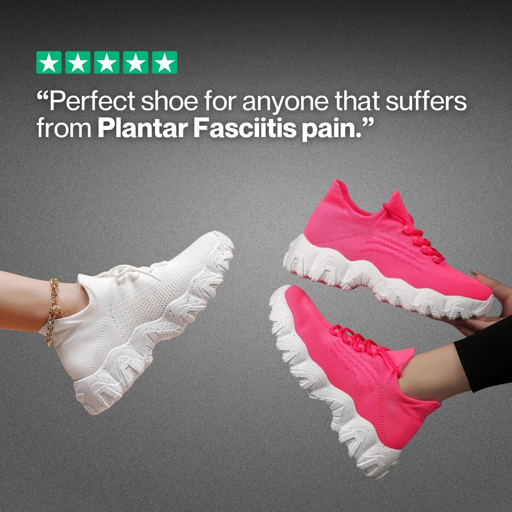 Another view of white knit sneakers and hot pink ones with chunky speckled white soles.