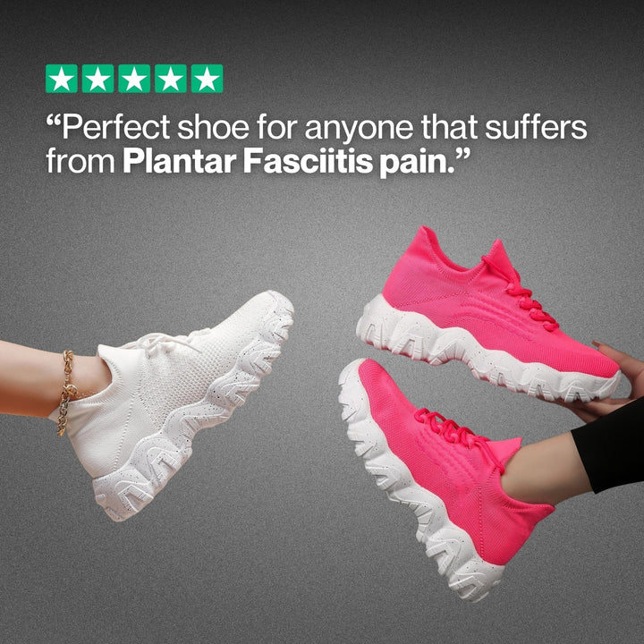 Another view of white knit sneakers and hot pink ones with chunky speckled white soles.