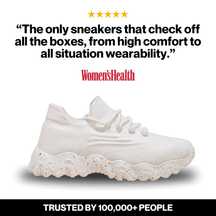 Another view of a cream knit sneaker with lace-up front and wavy chunky speckled sole.