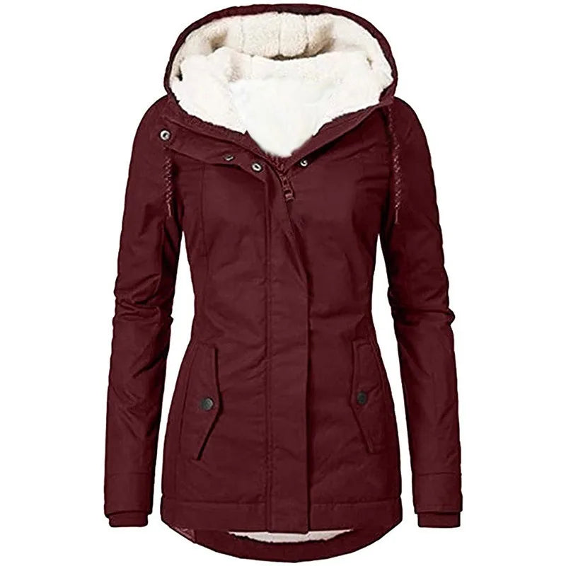Burgundy jacket from the front, with white fleece lining visible in the hood and at the open collar 11