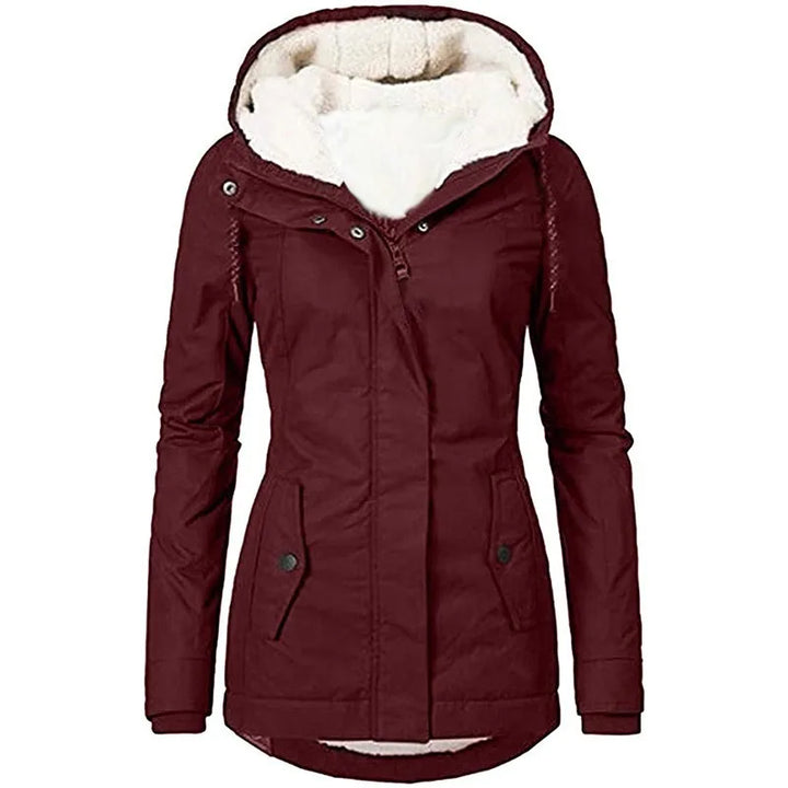 Burgundy jacket from the front, with white fleece lining visible in the hood and at the open collar 11