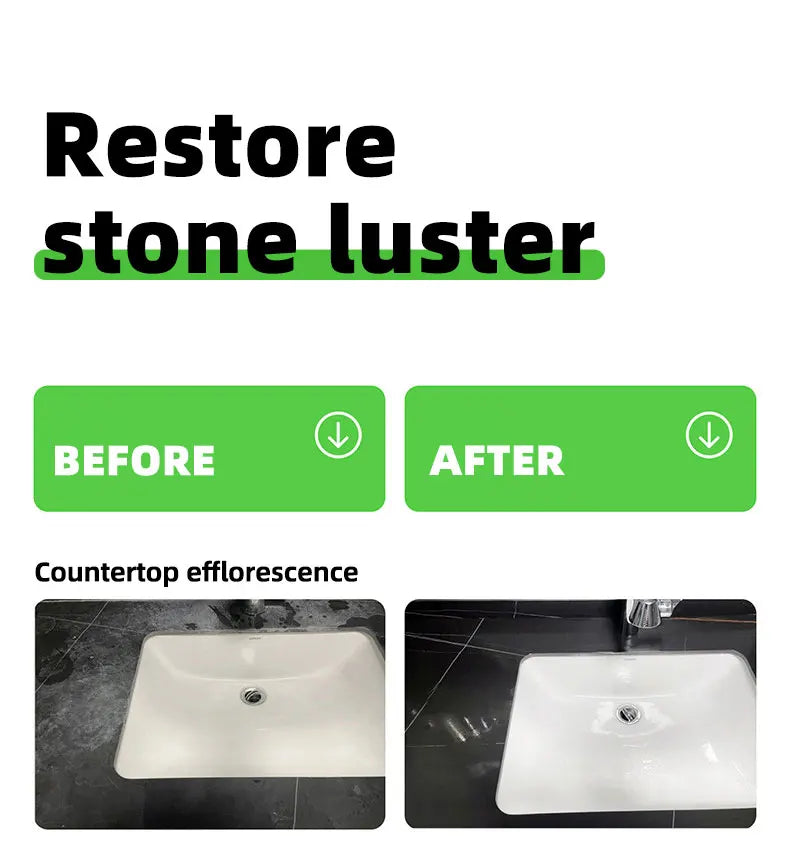 Before and after photos of a hazy black countertop around a white sink, restored to a glossy dark finish 11