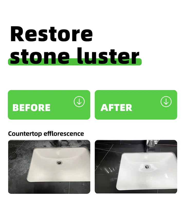 Before and after photos of a hazy black countertop around a white sink, restored to a glossy dark finish 11