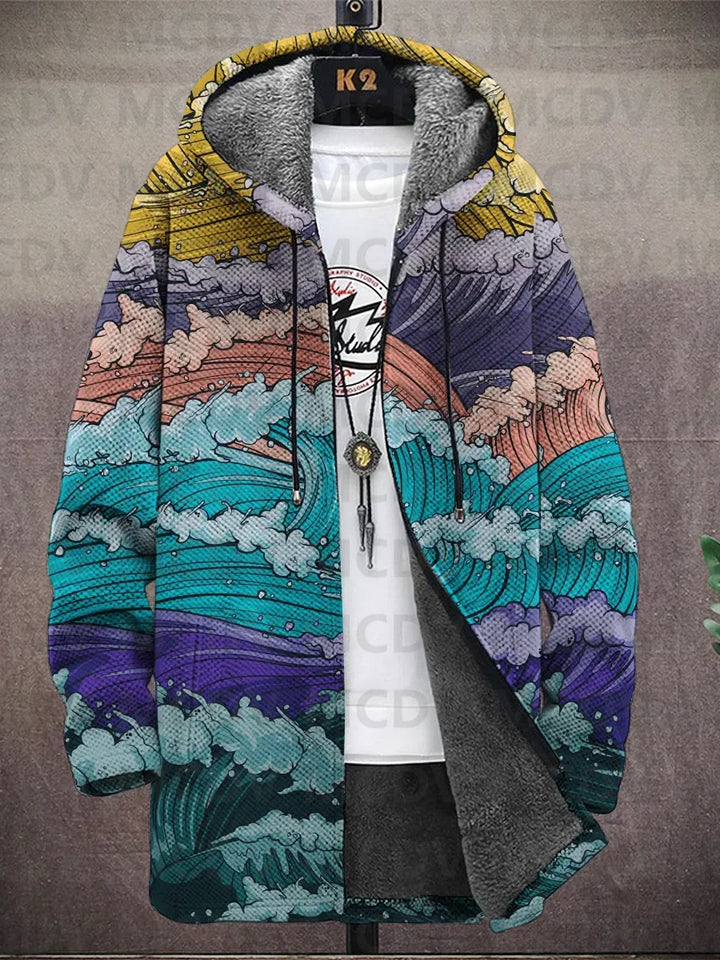 Hooded jacket on a hanger printed with stylized teal and purple ocean waves and pink clouds 11