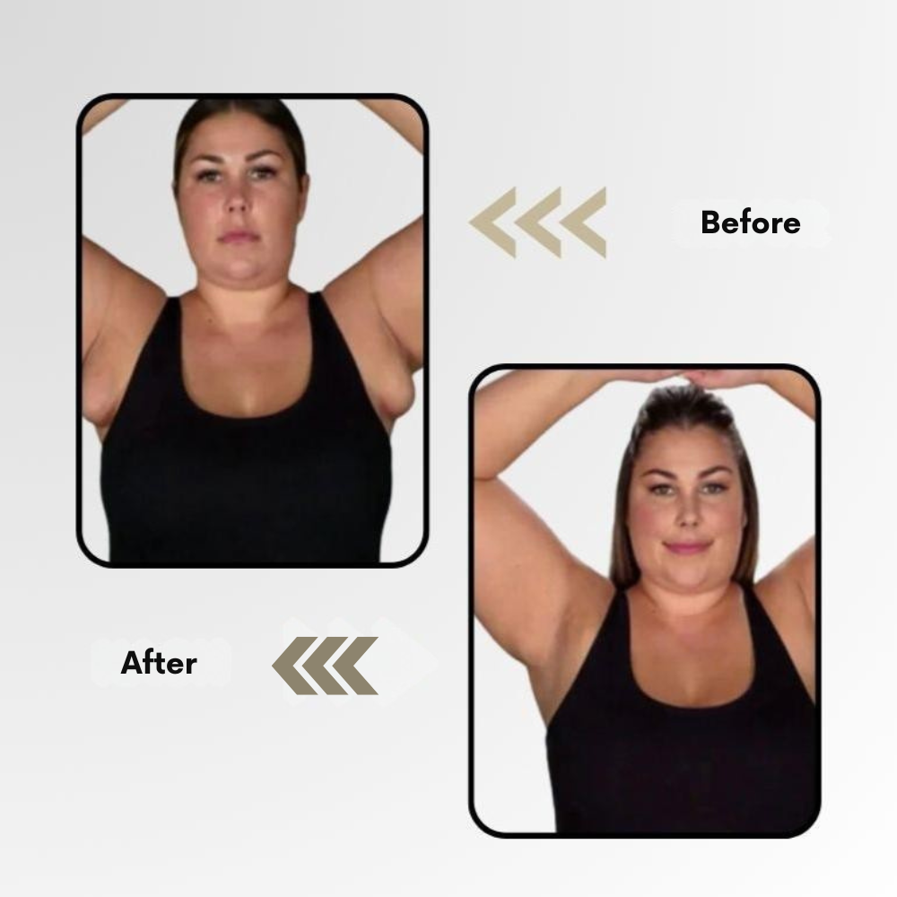 Magnetic wellness ring another view with before and after photos of a woman in a black tank top