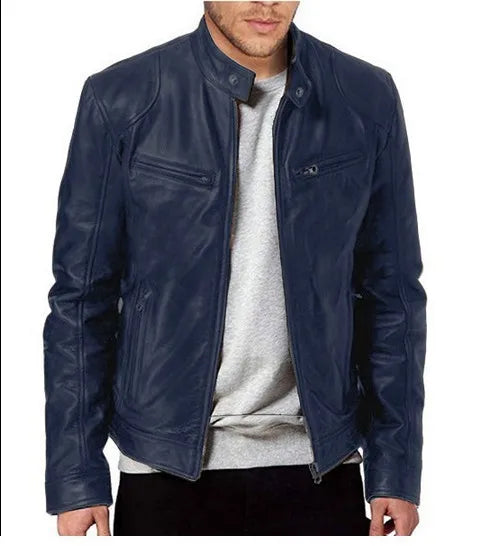 Model wearing a navy blue leather stand collar jacket unzipped over a gray sweatshirt 11