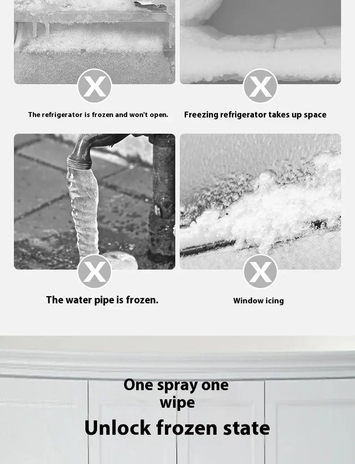 Four problem scenes: a frozen-shut fridge, packed ice, a frozen water pipe and an icy window 11