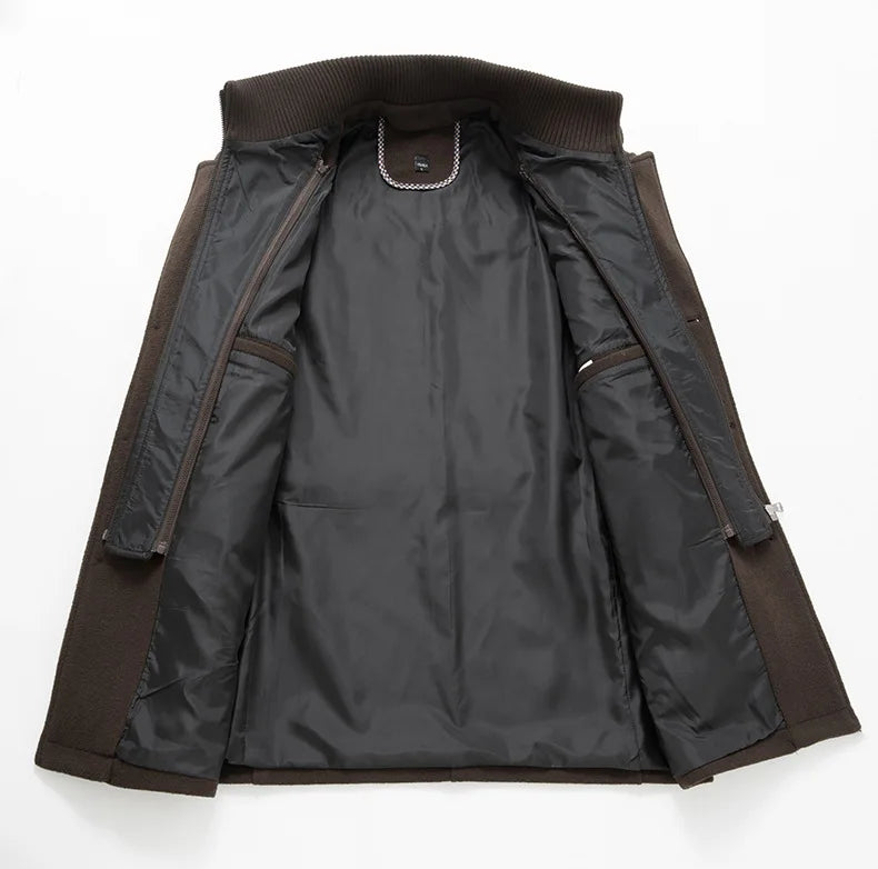 Dark brown overcoat opened flat to show the black lining and detachable zip-in inner layer 11