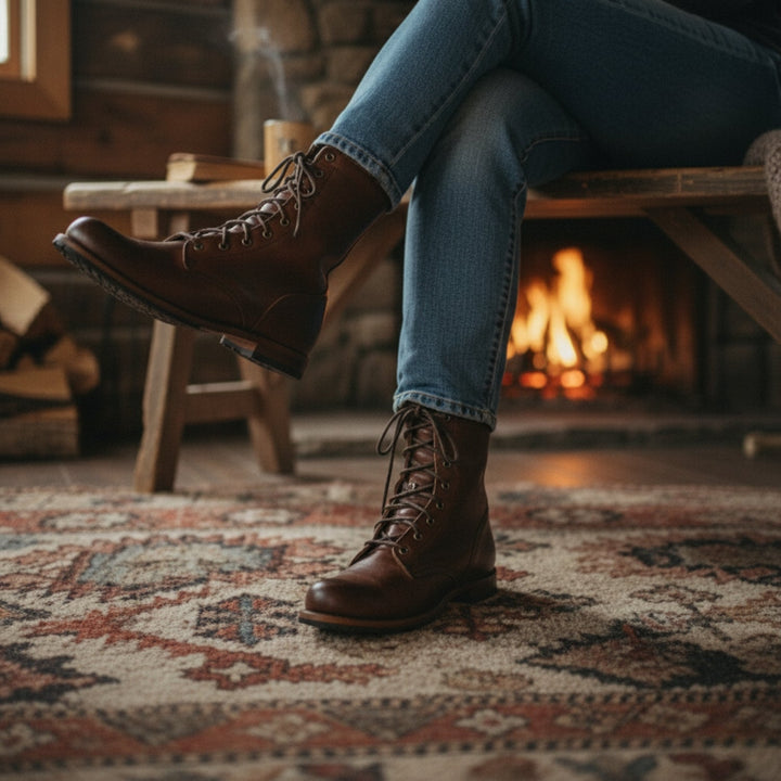 Woman in jeans sitting with legs crossed by a cozy fireplace, wearing brown lace-up leather boots on a patterned rug. 5
