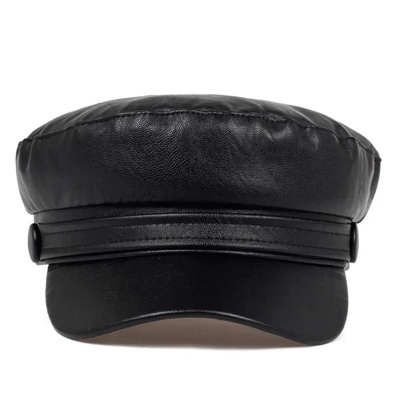 Straight front view of the black cap showing the visor, layered band and side buttons 11