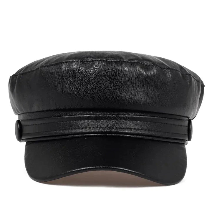 Straight front view of the black cap showing the visor, layered band and side buttons 11