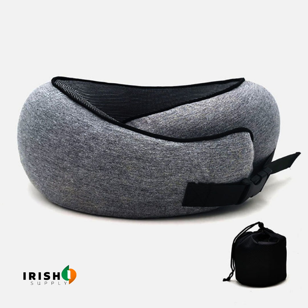Gray front-support travel neck pillow with teal lining and black clasp with a black drawstring pouch.