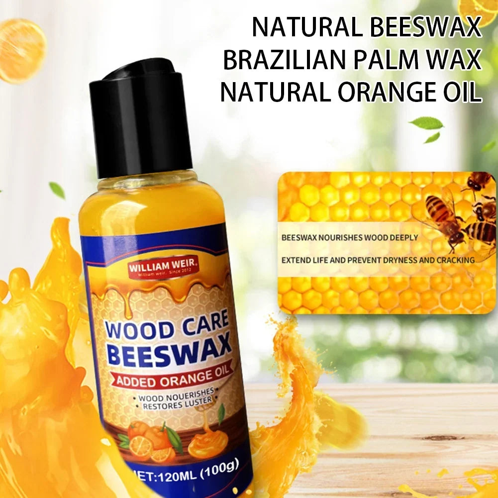 Tilted polish bottle amid golden liquid splashes and orange slices, with a card showing bees on honeycomb 11