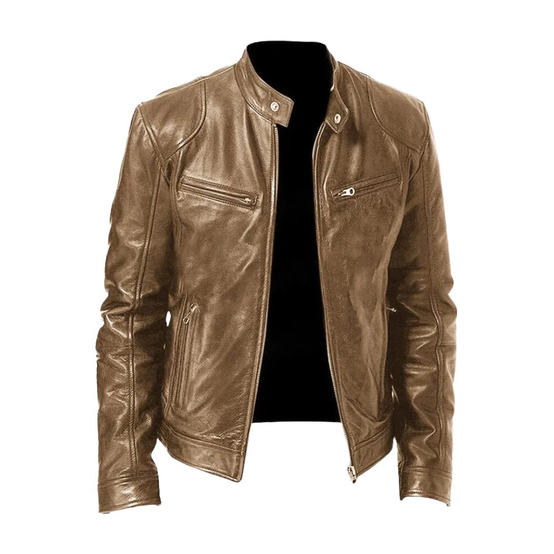 Tan light brown version of the leather jacket, front view, with snap collar tabs and zip pockets 3