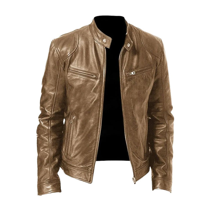 Tan light brown version of the leather jacket, front view, with snap collar tabs and zip pockets 3