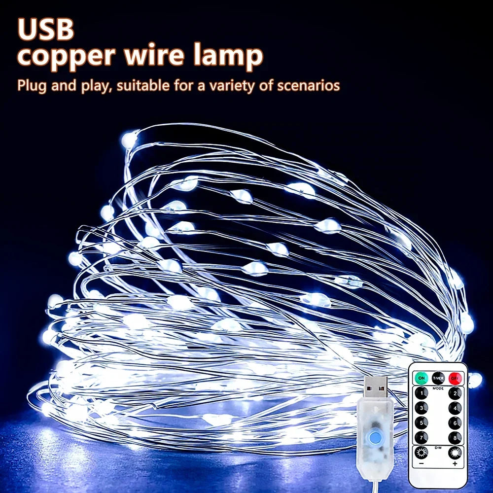 Cool white light coil on a dark blue background with a USB plug and remote 11