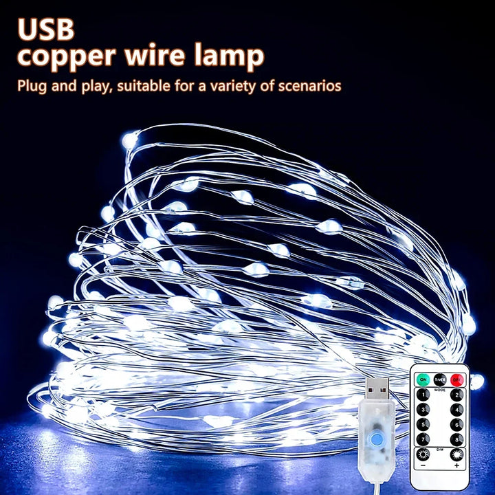 Cool white light coil on a dark blue background with a USB plug and remote 11