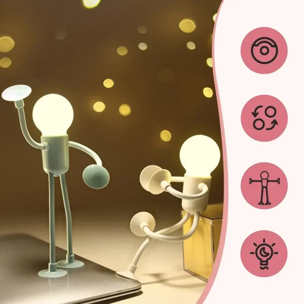 Green and cream figure lights glowing on a laptop and a box, beside four small feature icons 11