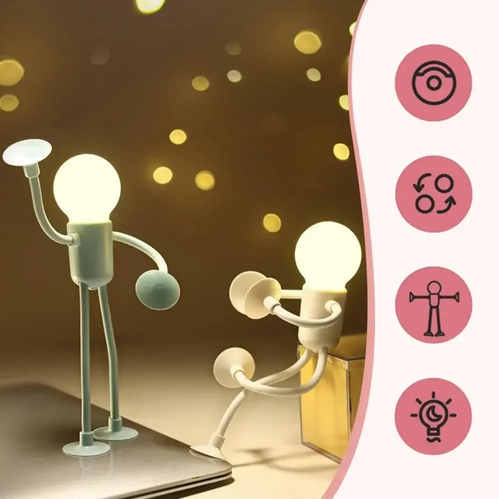 Green and cream figure lights glowing on a laptop and a box, beside four small feature icons 11
