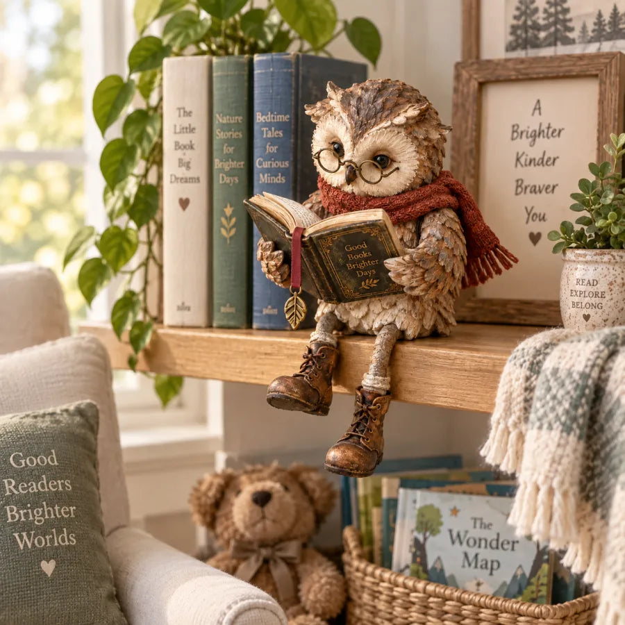 Beige and brown owl figurine with glasses, book, scarf and boots on a shelf.