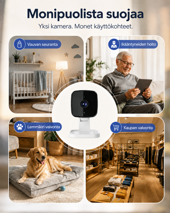Camera in the center surrounded by four uses: baby monitoring, elderly care, pet watching and shop monitoring. 12