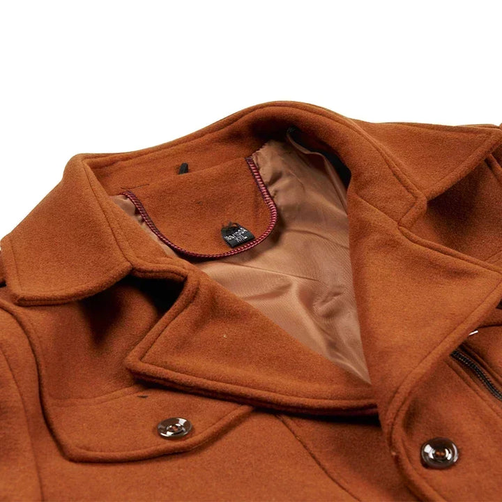 Close-up of the camel brown coat collar, showing the tan lining and snap buttons 12