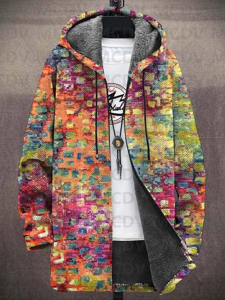 Hooded jacket on a hanger in a pixelated mosaic of orange, pink, green and blue squares 12