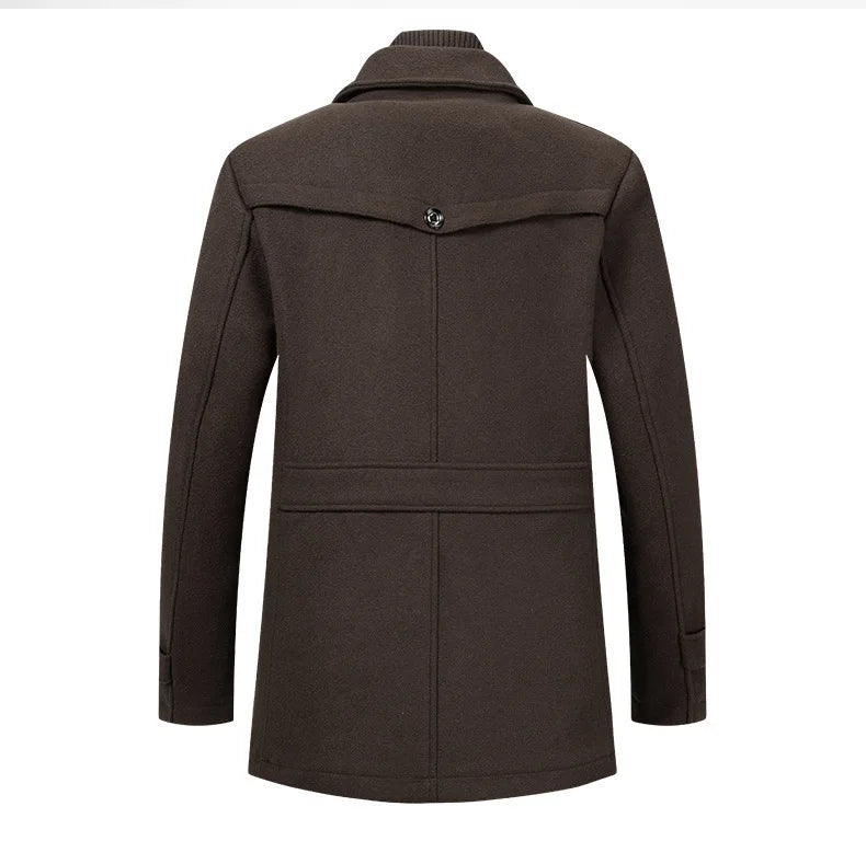 Back view of the dark brown overcoat, with buttoned back yoke and waist strap 12