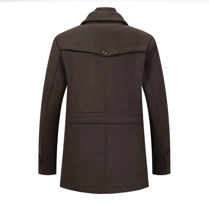 Back view of the dark brown overcoat, with buttoned back yoke and waist strap 12