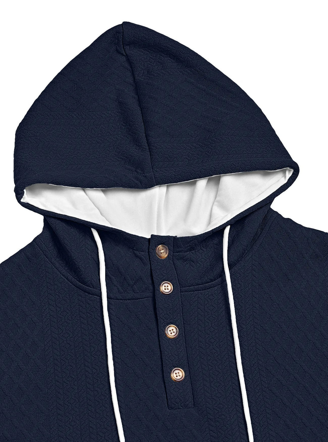 Close-up of a navy hoodie's hood and four-button placket with white drawstrings and textured knit 12