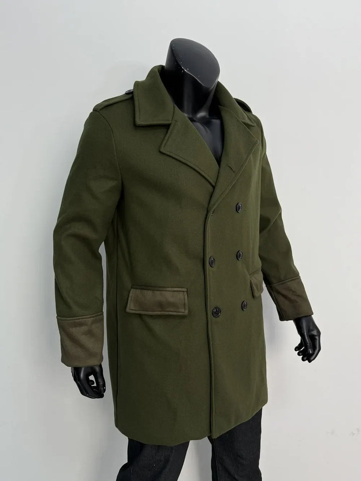 Angled side view of the olive green coat on a mannequin, showing the notch lapel and flap pocket 12