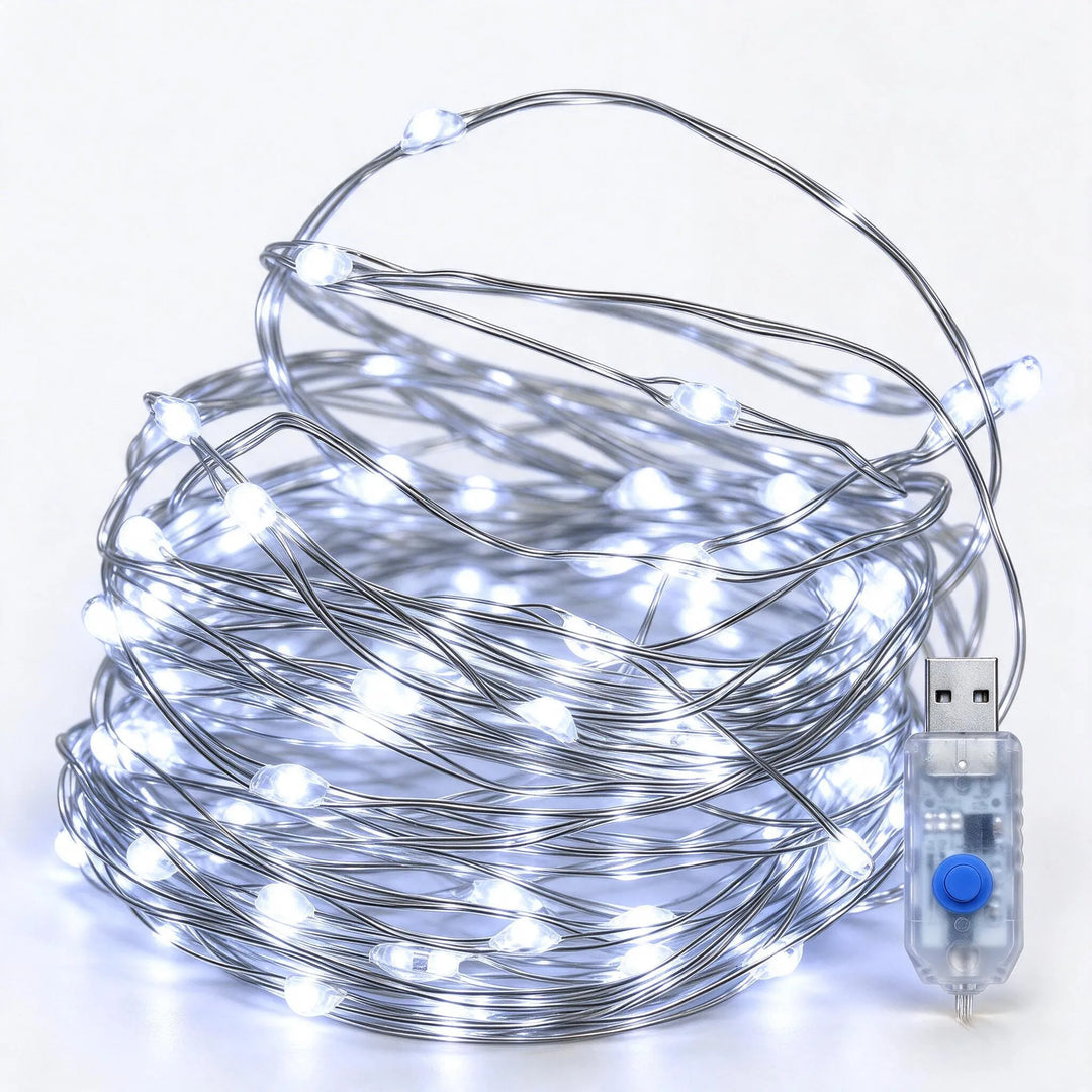 Cool white LED string on silver wire, coiled on a white background with a USB plug 12