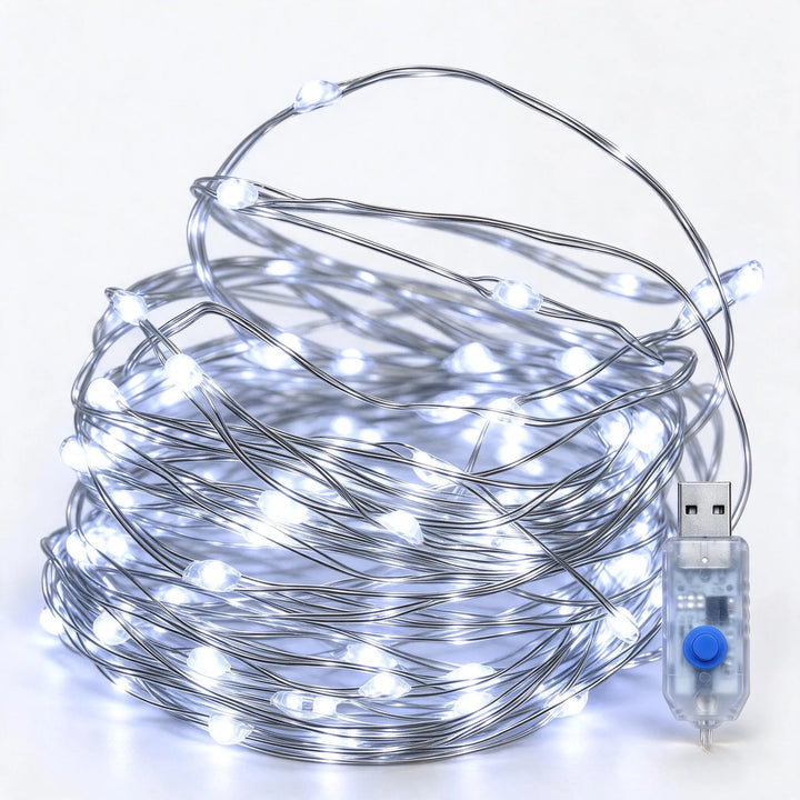 Cool white LED string on silver wire, coiled on a white background with a USB plug 12