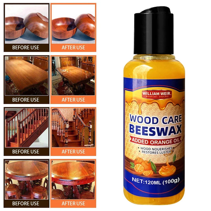 Polish bottle beside four before and after pairs: wooden bowls, a table, a staircase and a round table 12