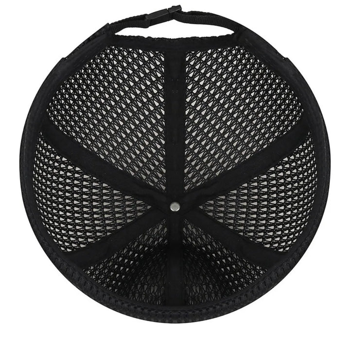 Inside view of a black mesh cap showing the paneled lining, center button and adjustable strap 12
