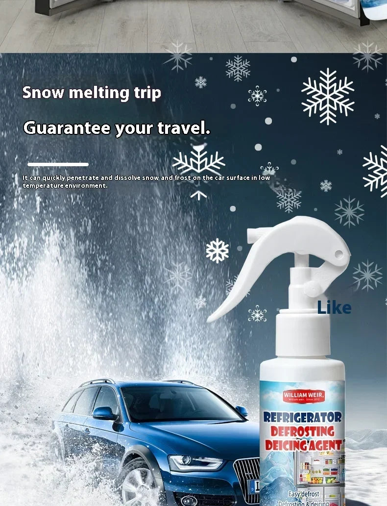Spray bottle in a snowy scene with a blue car, showing use for melting frost on vehicles 12