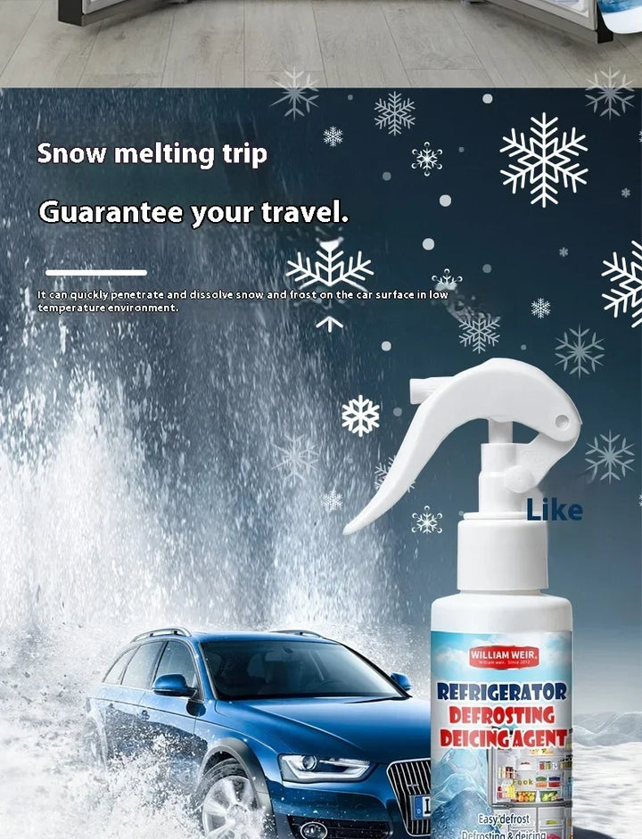 Spray bottle in a snowy scene with a blue car, showing use for melting frost on vehicles 12