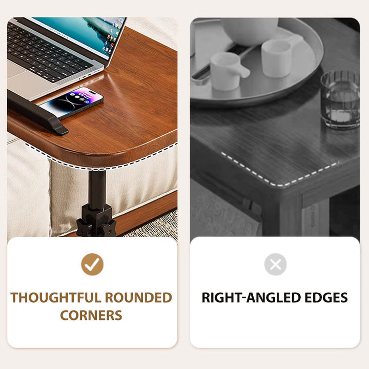 Black rolling laptop desk detail comparing the rounded tabletop corner with a sharp edge