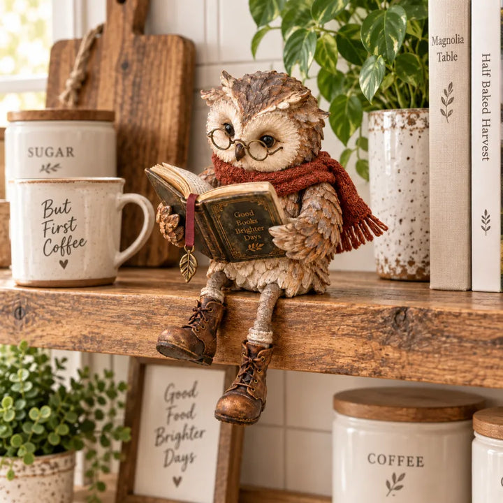 Beige and brown owl figurine with glasses, book, scarf and boots, another view.